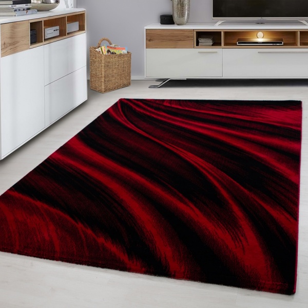 Moderner Esszimmer Teppich Wellen Design in Rot Schwarz